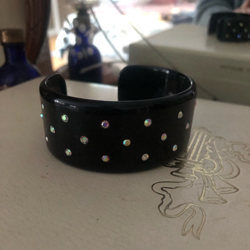 Vintage mid-century black plastic rhinestone bracelet